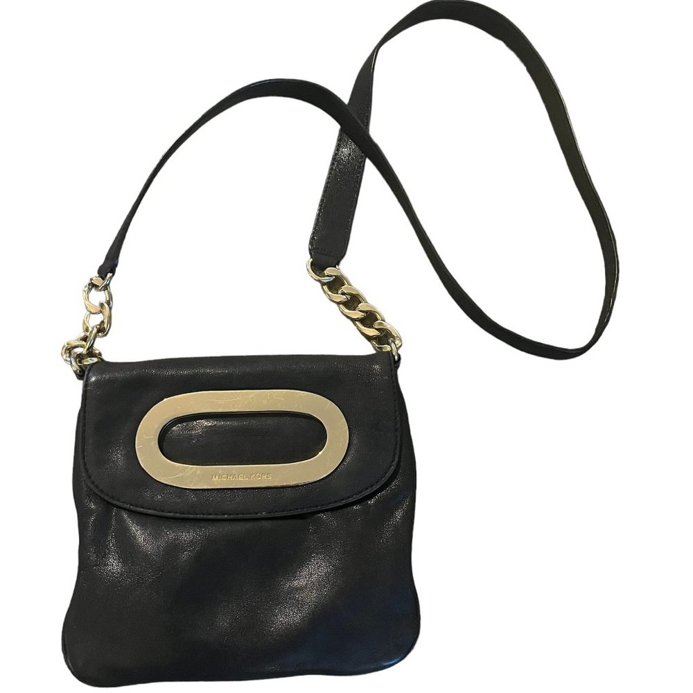 Michael Kors Berkley Black Leather Crossbody Purse W/ Gold-tone Hardware